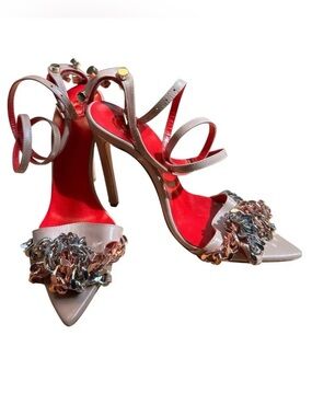 Chain-Embellished Strappy High Heels in Metallic Pink